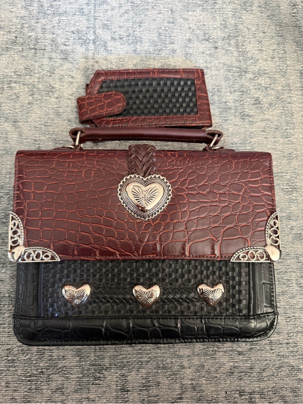 Women's Two-Tone Heart Accent Satchel Handbag - Brown & Black